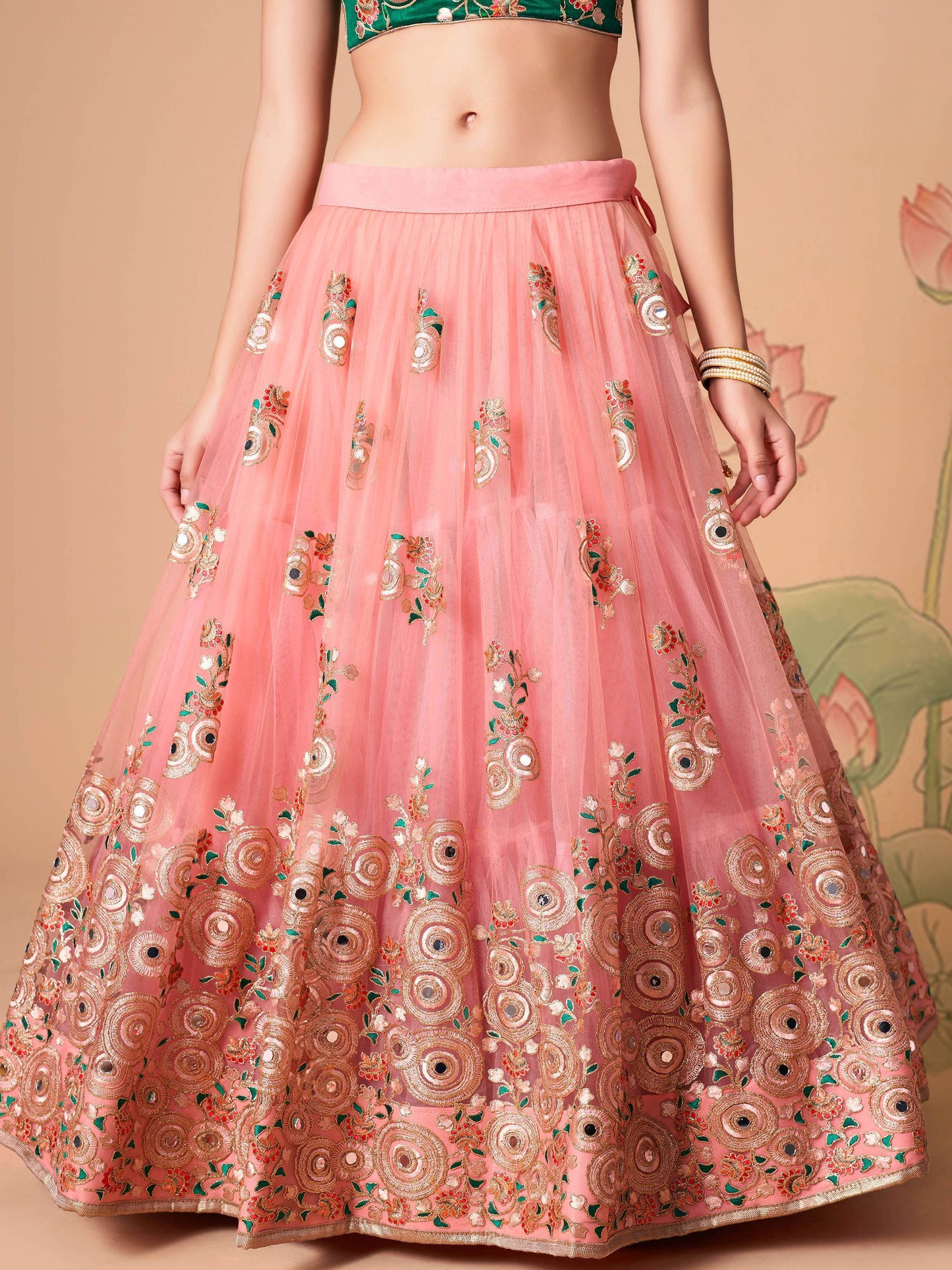 Glamorous Peach Mirror Work Net Wedding Wear Lehenga Choli - Zeel Clothing