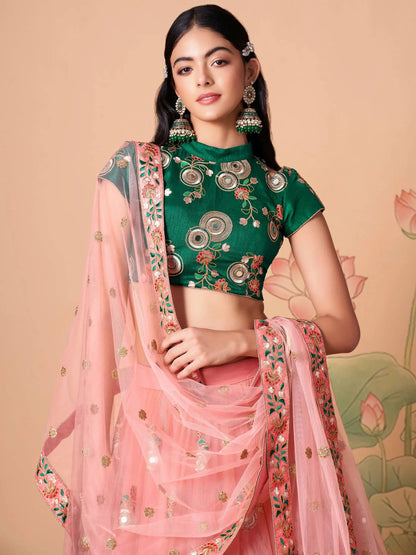 Glamorous Peach Mirror Work Net Wedding Wear Lehenga Choli - Zeel Clothing