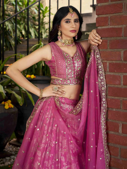 Glamorous Pink Party Wear Silk Zari Lehenga Choli With Dupatta - Zeel Clothing