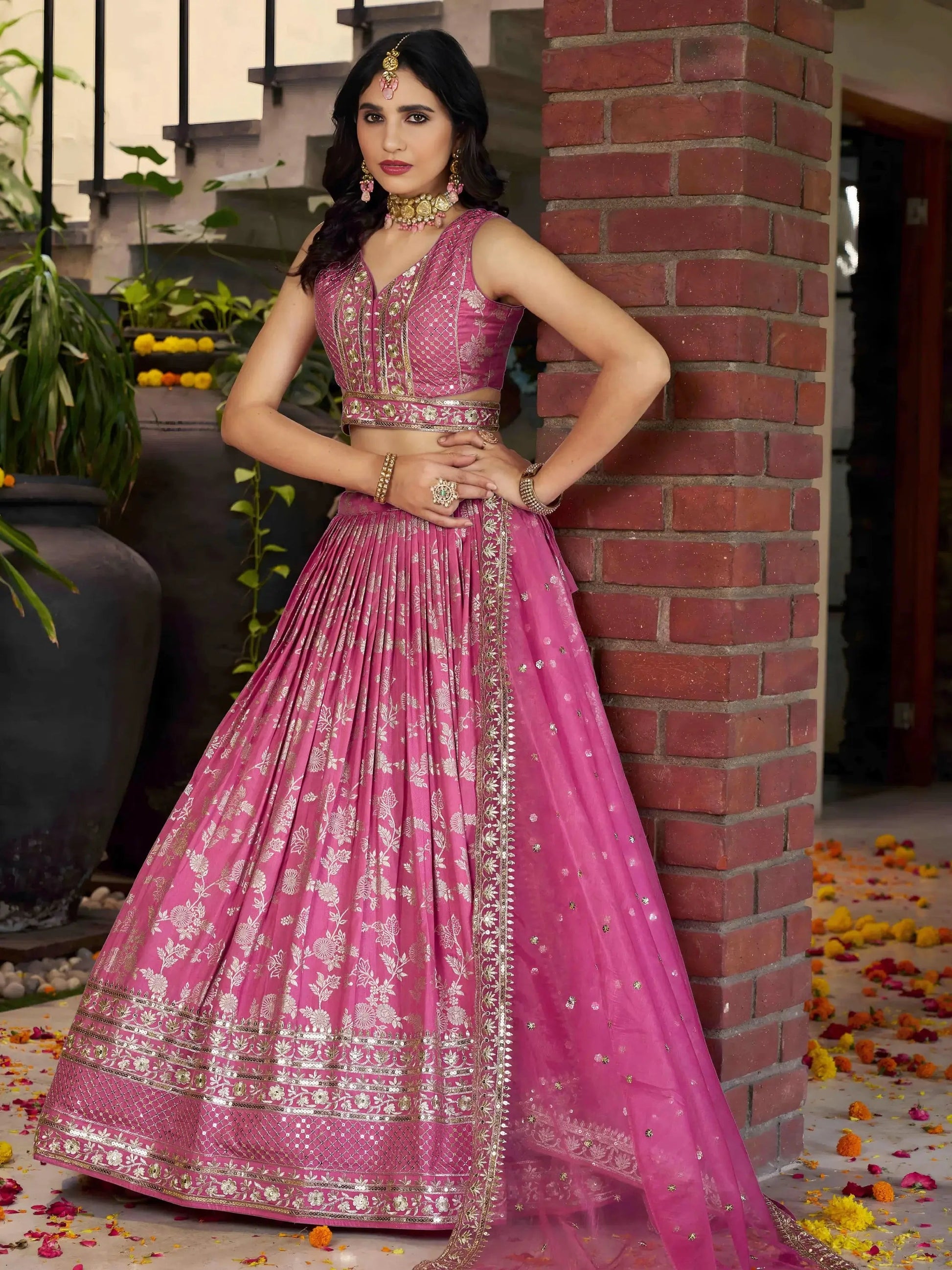 Glamorous Pink Party Wear Silk Zari Lehenga Choli With Dupatta - Zeel Clothing