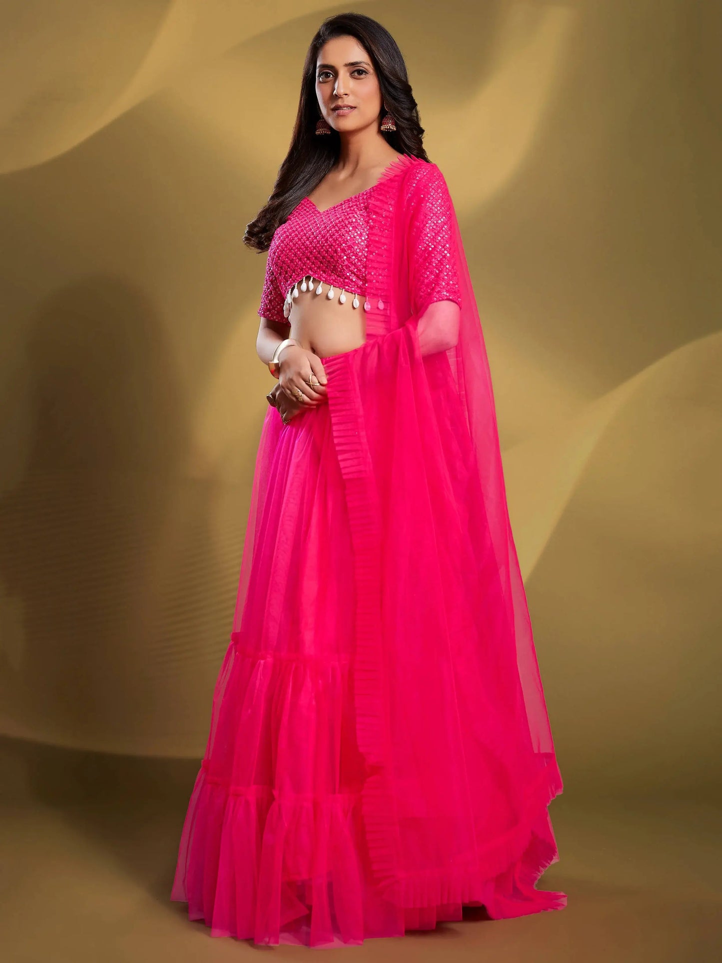 Glamorous Pink Sequins Soft Net Engagement Wear Lehenga Choli - Zeel Clothing