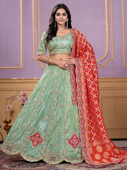 Glamorous Pista Green Embroidered Viscose Wedding Lehenga Choli - Zeel Clothing