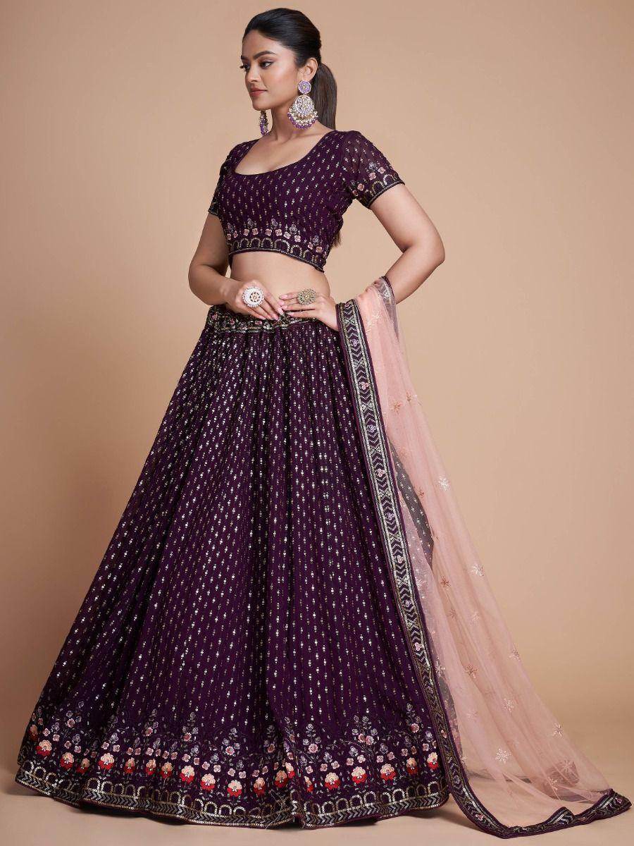Glamorous Purple Embroidery Georgette Designer Lehenga Choli - Zeel Clothing