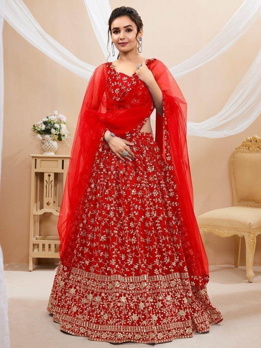 Glamorous Red Embroidered Georgette Reception Wear Lehenga Choli - Zeel Clothing