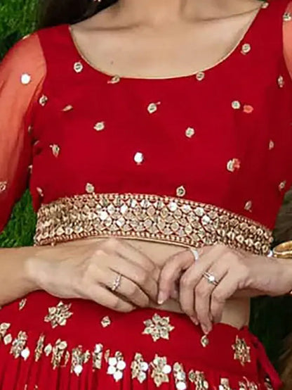 Glamorous Red Sequins Georgette Engagement Wear Lehenga Choli - Zeel Clothing