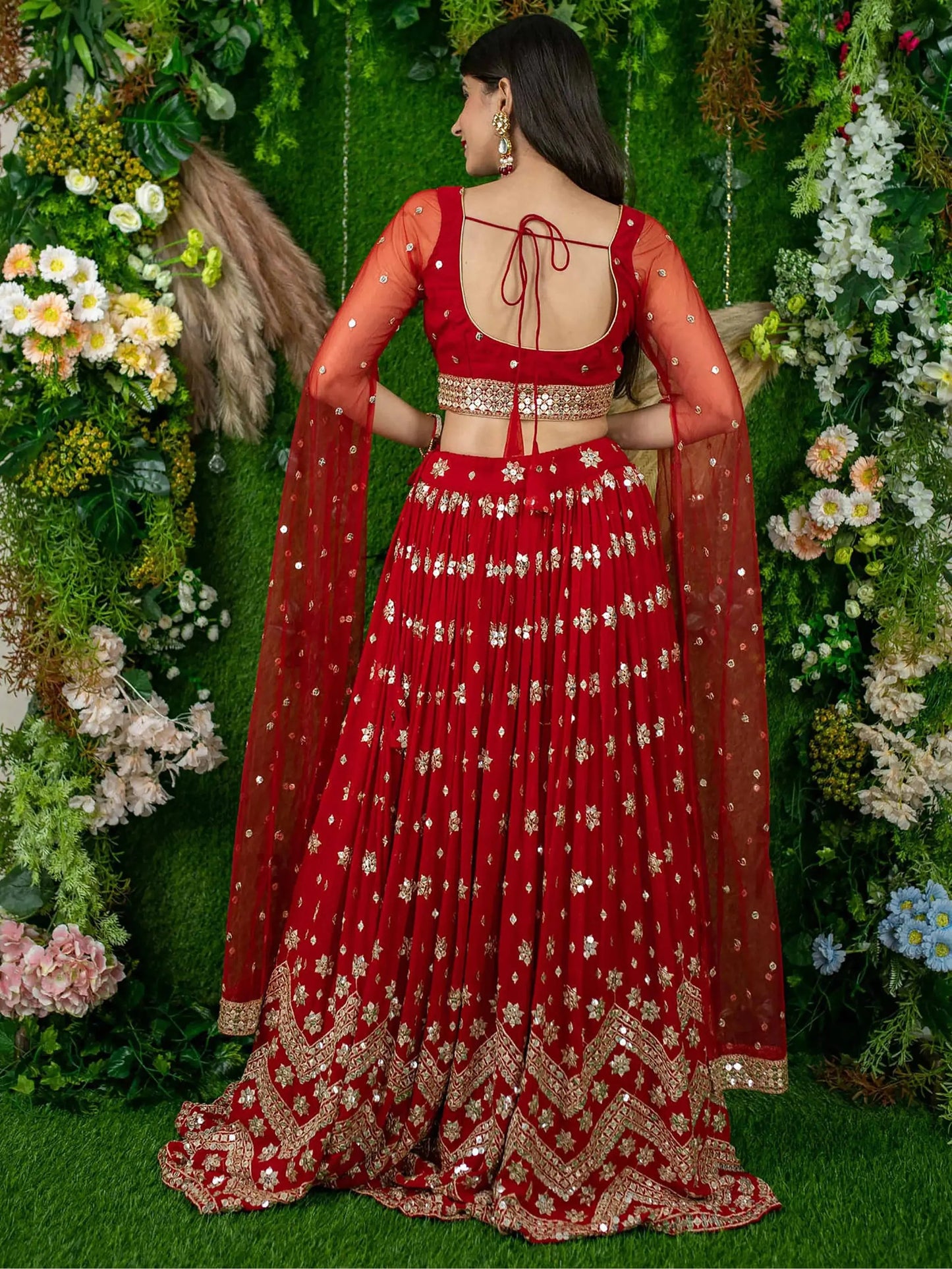 Glamorous Red Sequins Georgette Engagement Wear Lehenga Choli - Zeel Clothing