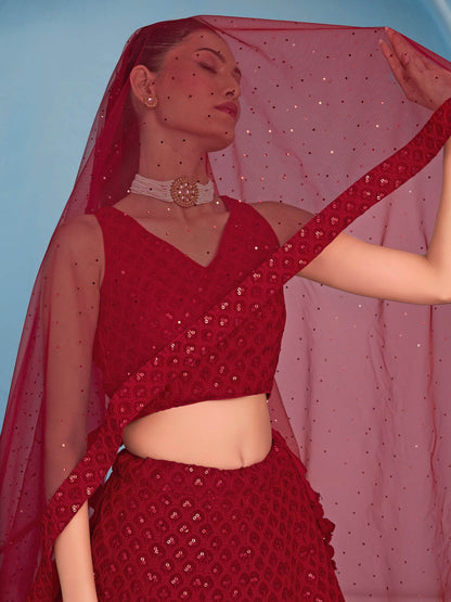 Glamorous Red Sequins Georgette Wedding Lehenga Choli With Dupatta - Zeel Clothing