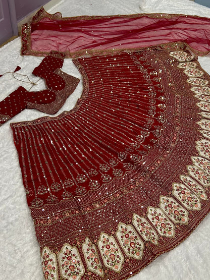 Glamorous Red Sequins Silk Wedding Lehenga Choli With Dupatta - Zeel Clothing