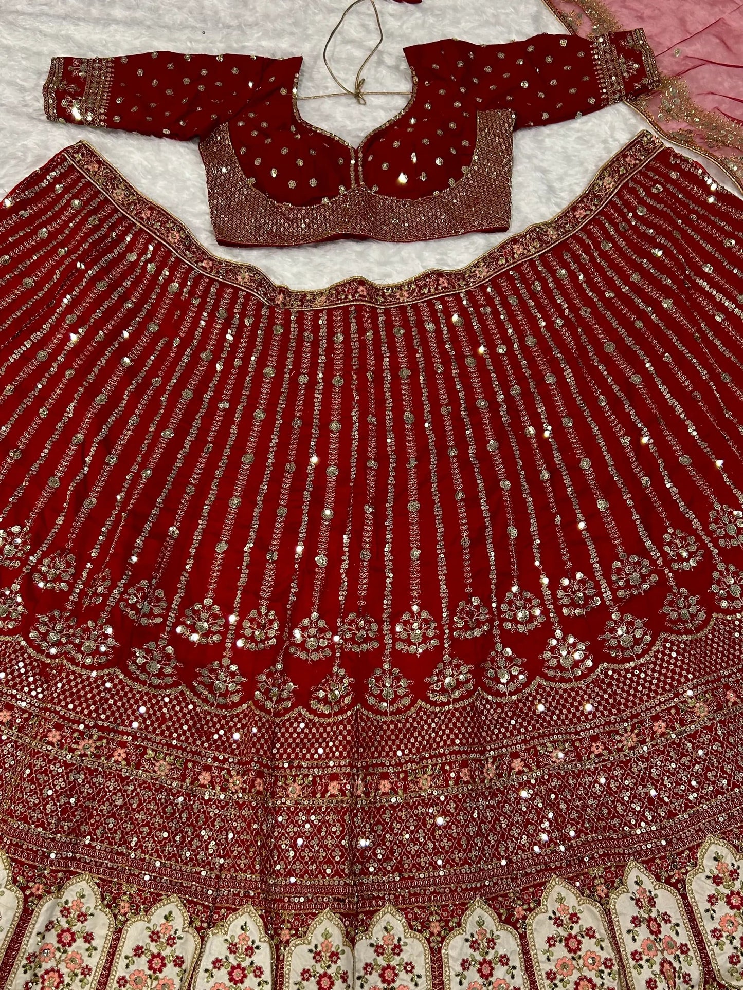 Glamorous Red Sequins Silk Wedding Lehenga Choli With Dupatta - Zeel Clothing