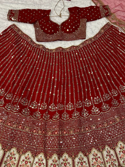 Glamorous Red Sequins Silk Wedding Lehenga Choli With Dupatta - Zeel Clothing