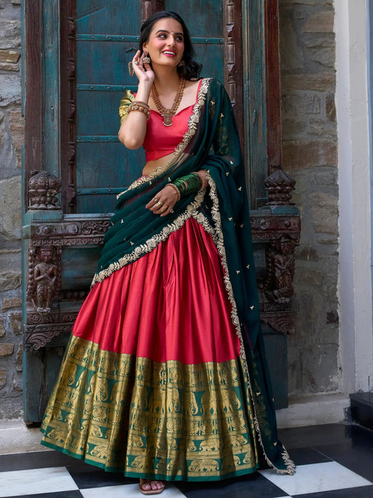 Glamorous Red Zari Weaving Silk Onam Special Half Saree Lehenga - Zeel Clothing