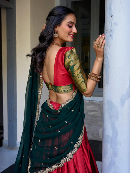 Glamorous Red Zari Weaving Silk Onam Special Half Saree Lehenga - Zeel Clothing