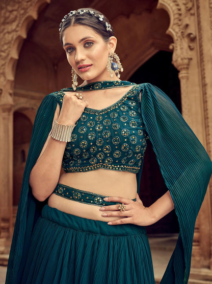 Glamorous Teal Blue Embroidered Georgette Lehenga Choli With Dupatta - Zeel Clothing