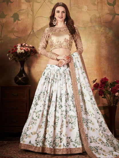 Glamorous White Floral Printed Organza Sangeet Wear Lehenga Choli - Zeel Clothing