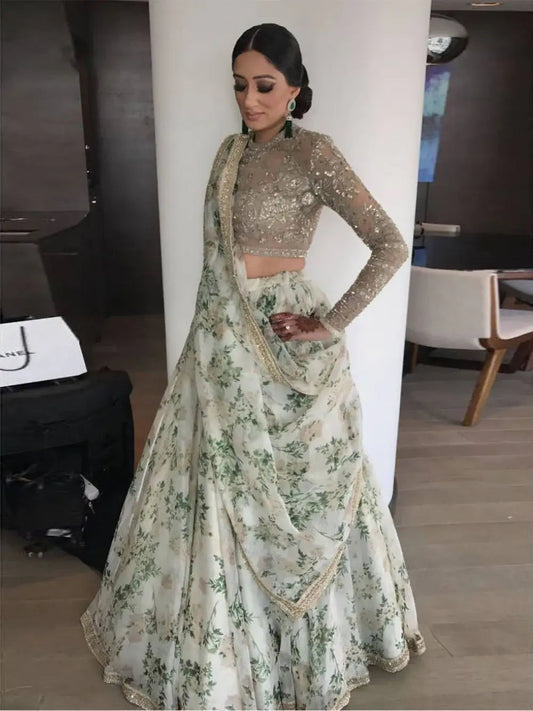 Glamorous White Floral Printed Organza Sangeet Wear Lehenga Choli - Zeel Clothing