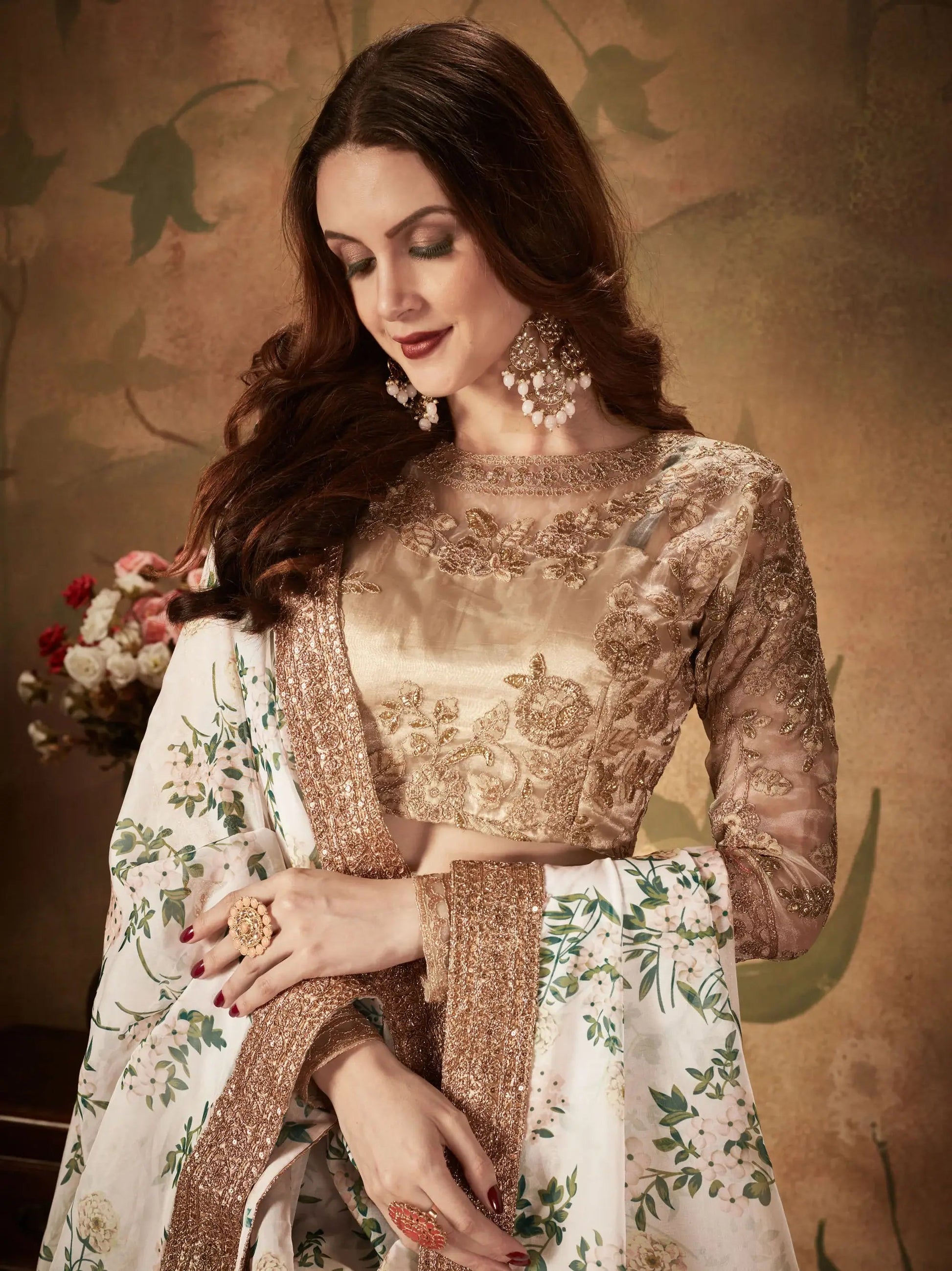 Glamorous White Floral Printed Organza Sangeet Wear Lehenga Choli - Zeel Clothing