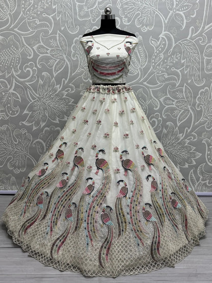 Glamorous White Thread Work Net Bridesmaid Lehenga Choli - Zeel Clothing