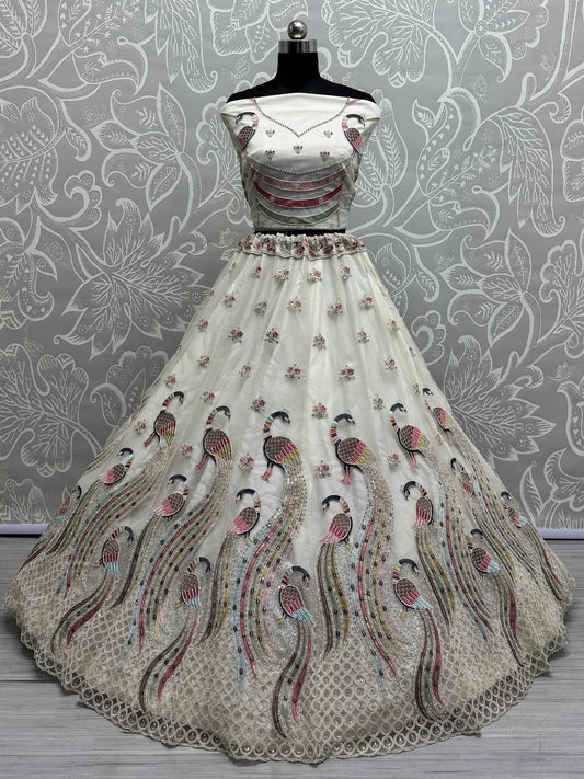 Glamorous White Thread Work Net Bridesmaid Lehenga Choli - Zeel Clothing
