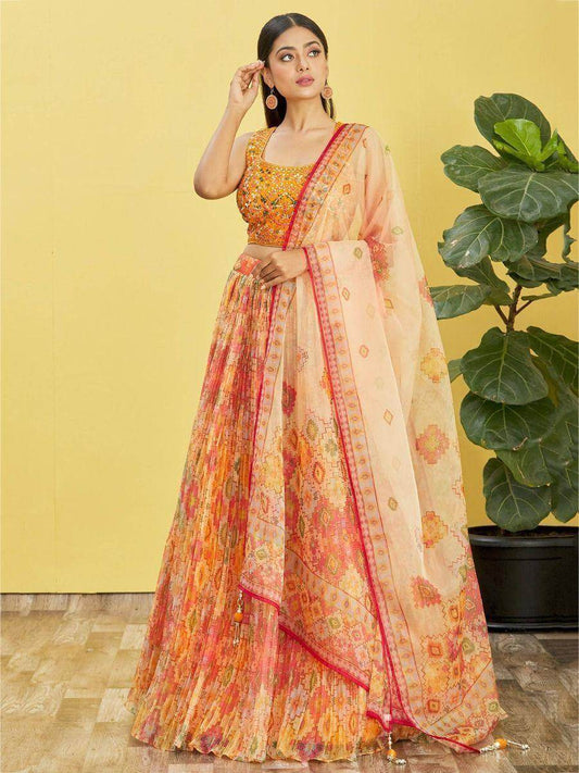 Glamorous Yellow Mirror Work Organza Haldi Ceremony Lehenga Choli - Zeel Clothing