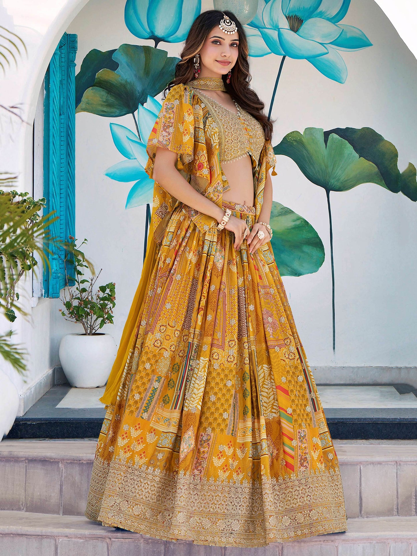 Glamorous Yellow Printed Chinon Haldi Wear Lehenga Choli With Dupatta - Zeel Clothing