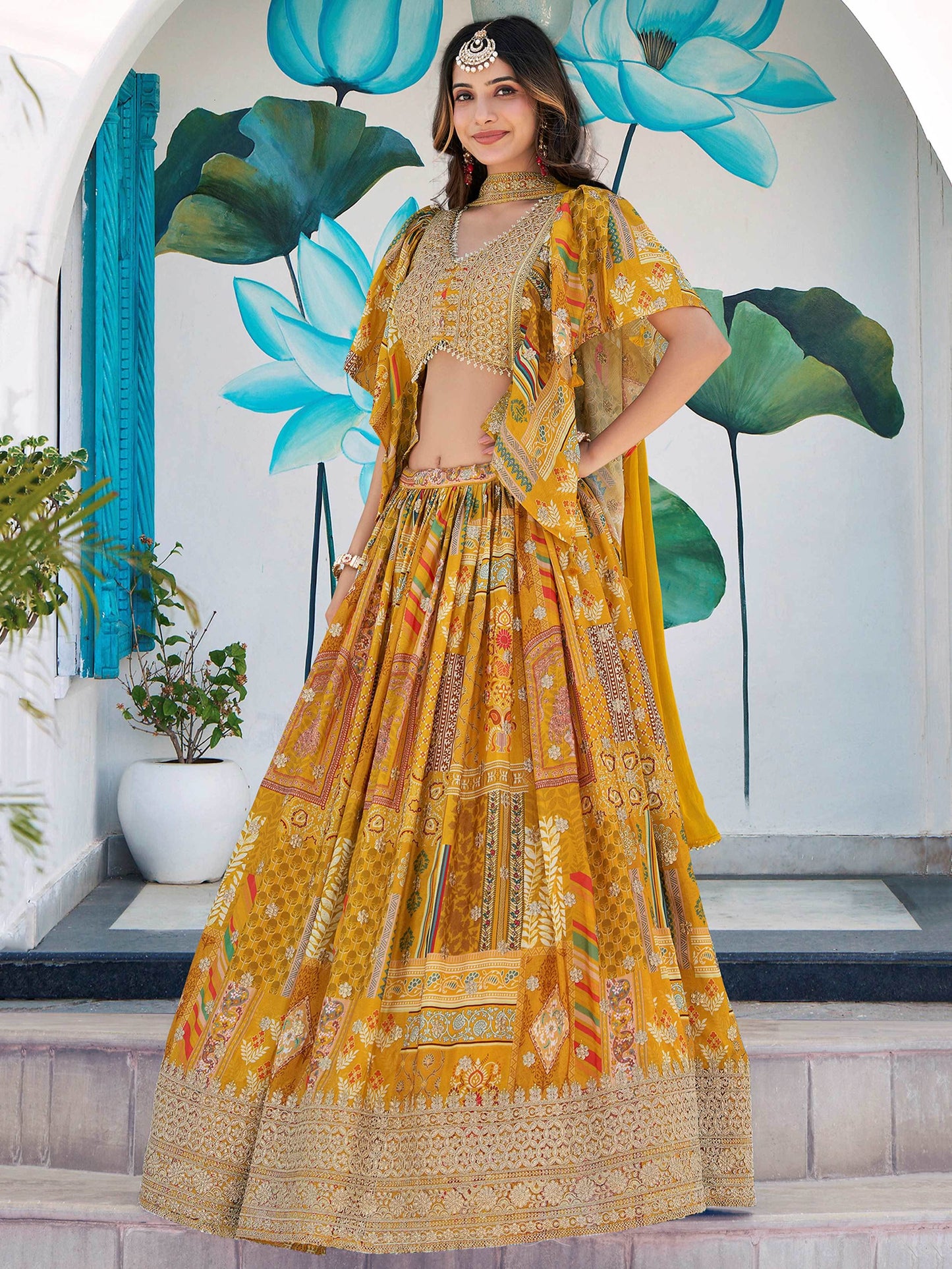 Glamorous Yellow Printed Chinon Haldi Wear Lehenga Choli With Dupatta - Zeel Clothing