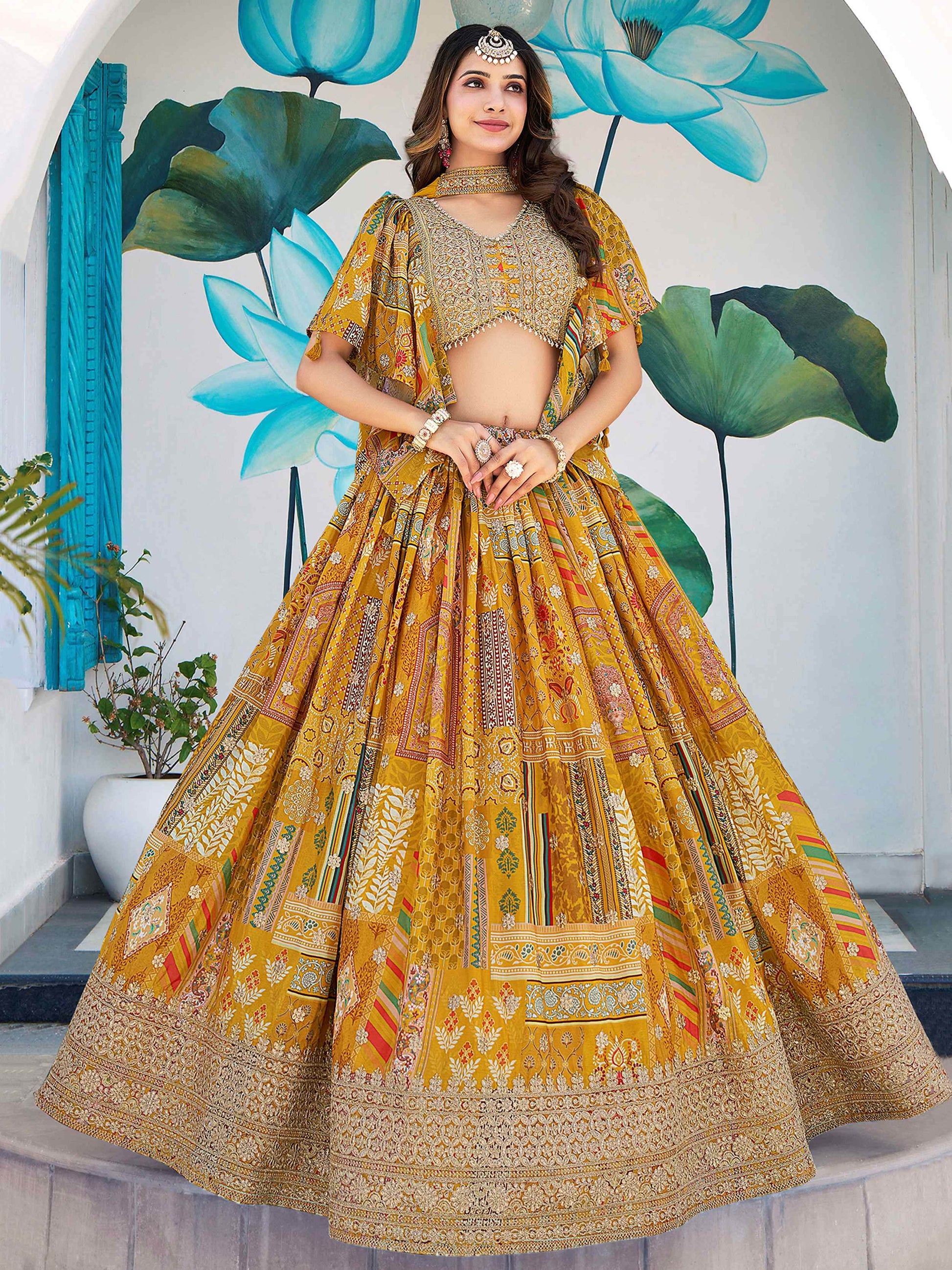 Glamorous Yellow Printed Chinon Haldi Wear Lehenga Choli With Dupatta - Zeel Clothing