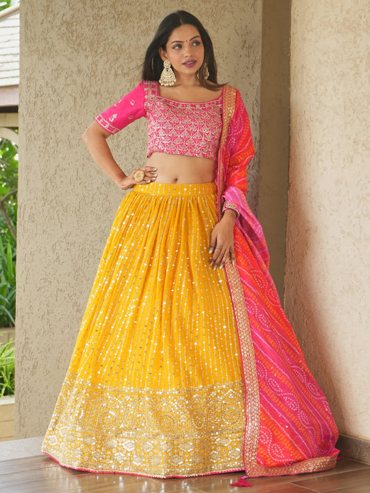 Glamorous Yellow Sequins Georgette Haldi Wear Lehenga Choli - Zeel Clothing