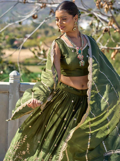 Glorious Olive Green Sequins Chinon Mehendi Wear Lehenga Choli - Zeel Clothing