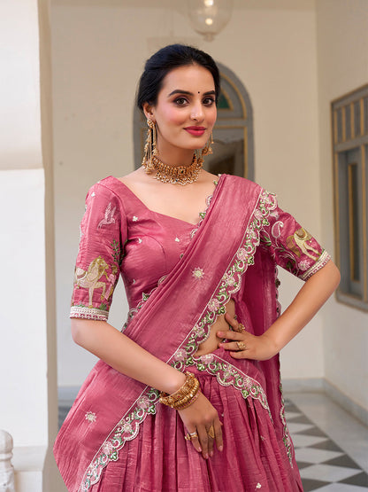 Pink Color Sequins and Thread Embroidery Work Gold Crush Lehenga Choli