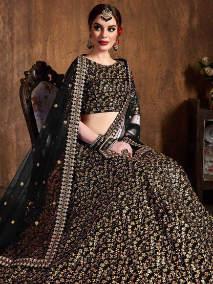 Gorgeous Black Sequins Raw Silk Reception Wear Lehenga Choli - Zeel Clothing