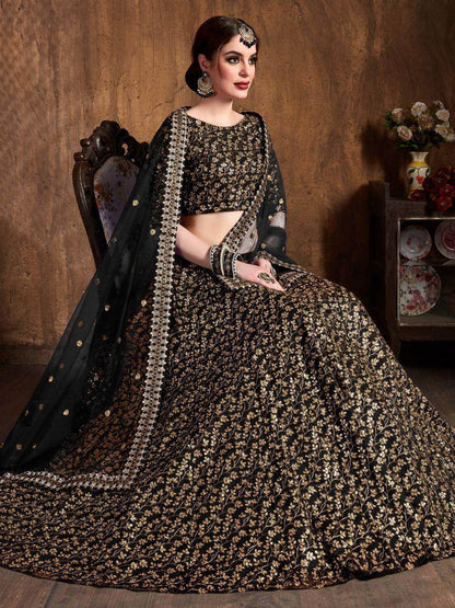 Gorgeous Black Sequins Raw Silk Reception Wear Lehenga Choli - Zeel Clothing