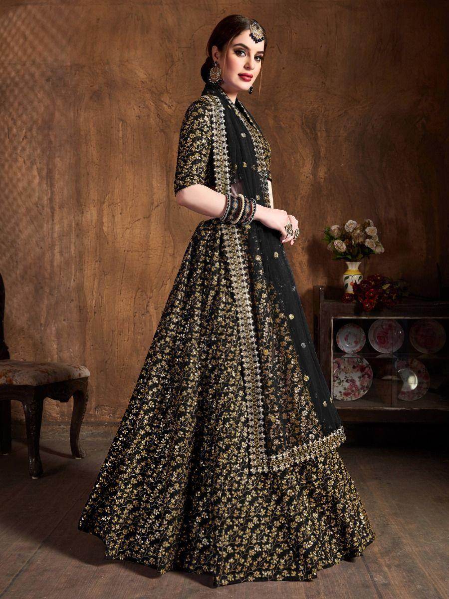 Gorgeous Black Sequins Raw Silk Reception Wear Lehenga Choli - Zeel Clothing