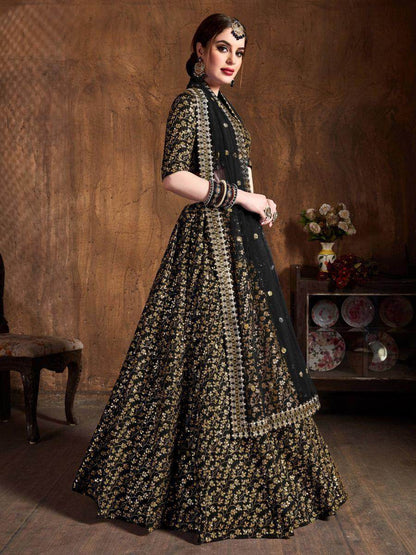 Gorgeous Black Sequins Raw Silk Reception Wear Lehenga Choli - Zeel Clothing