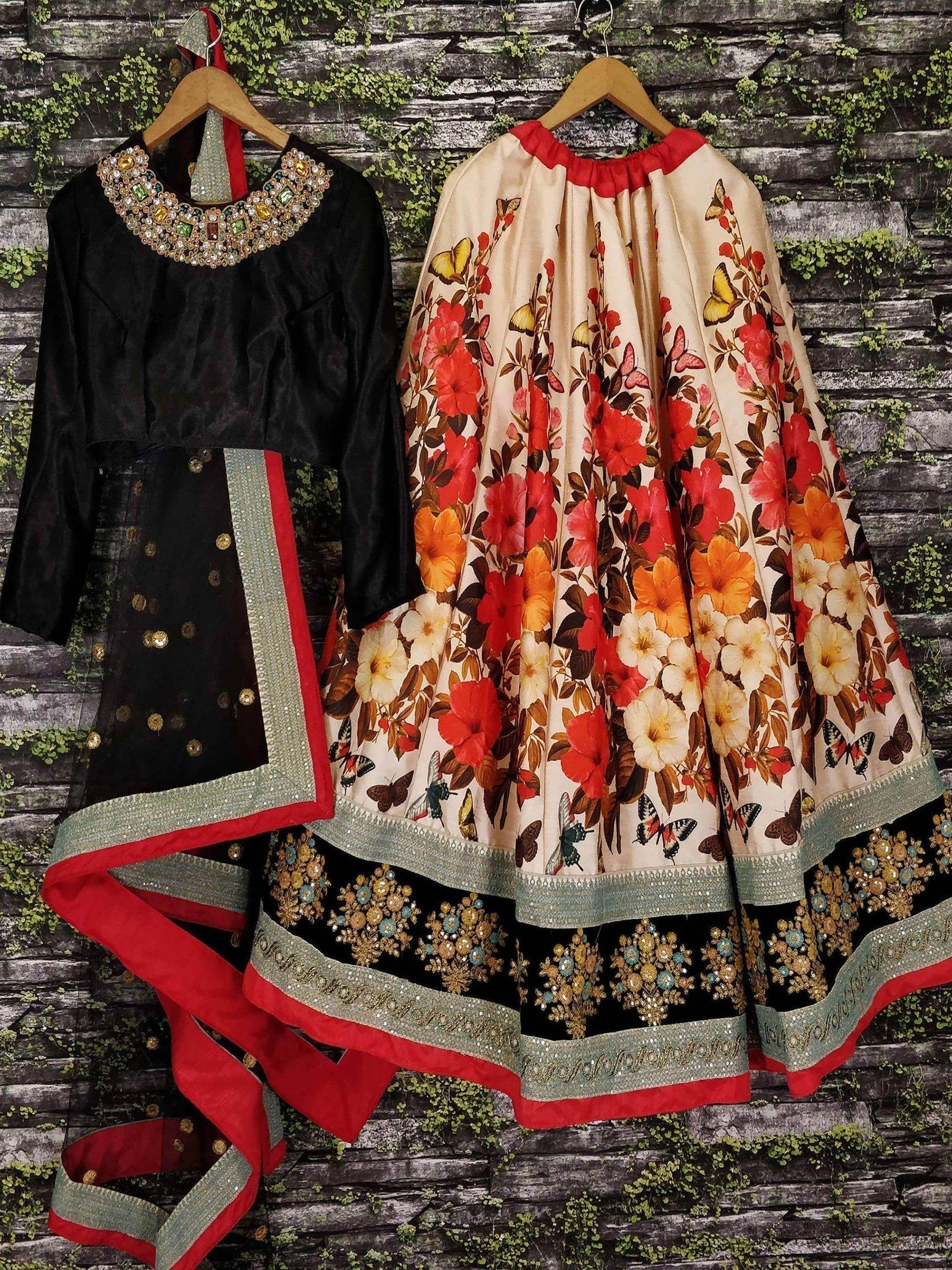 Gorgeous Colorful Floral Printed Lehenga With Black Choli - Zeel Clothing