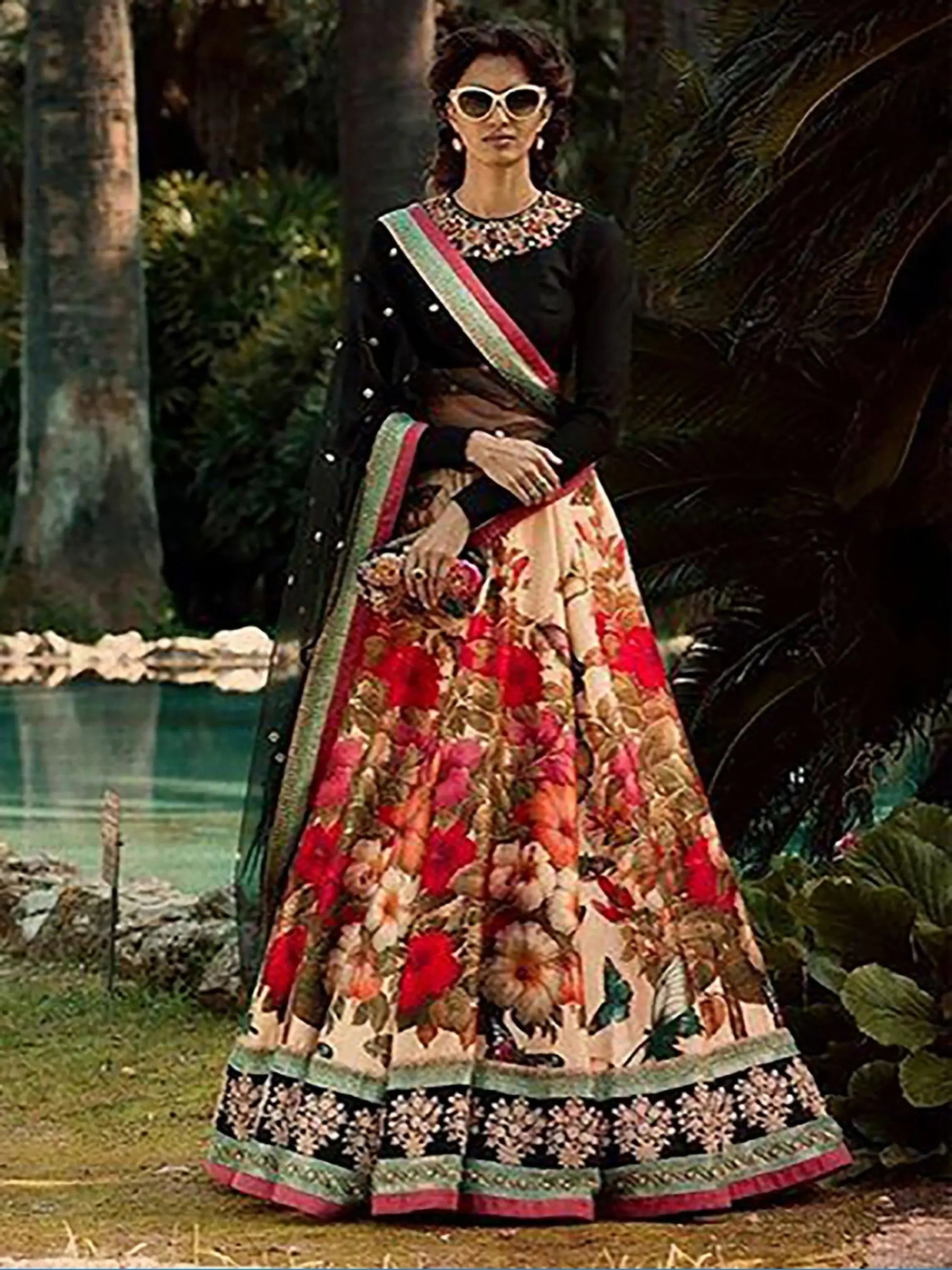 Gorgeous Colorful Floral Printed Lehenga With Black Choli - Zeel Clothing