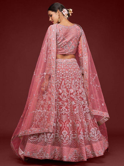 Gorgeous Coral Embroidered Net Wedding Wear Lehenga Choli - Zeel Clothing