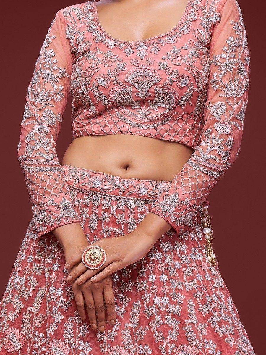 Gorgeous Coral Embroidered Net Wedding Wear Lehenga Choli - Zeel Clothing