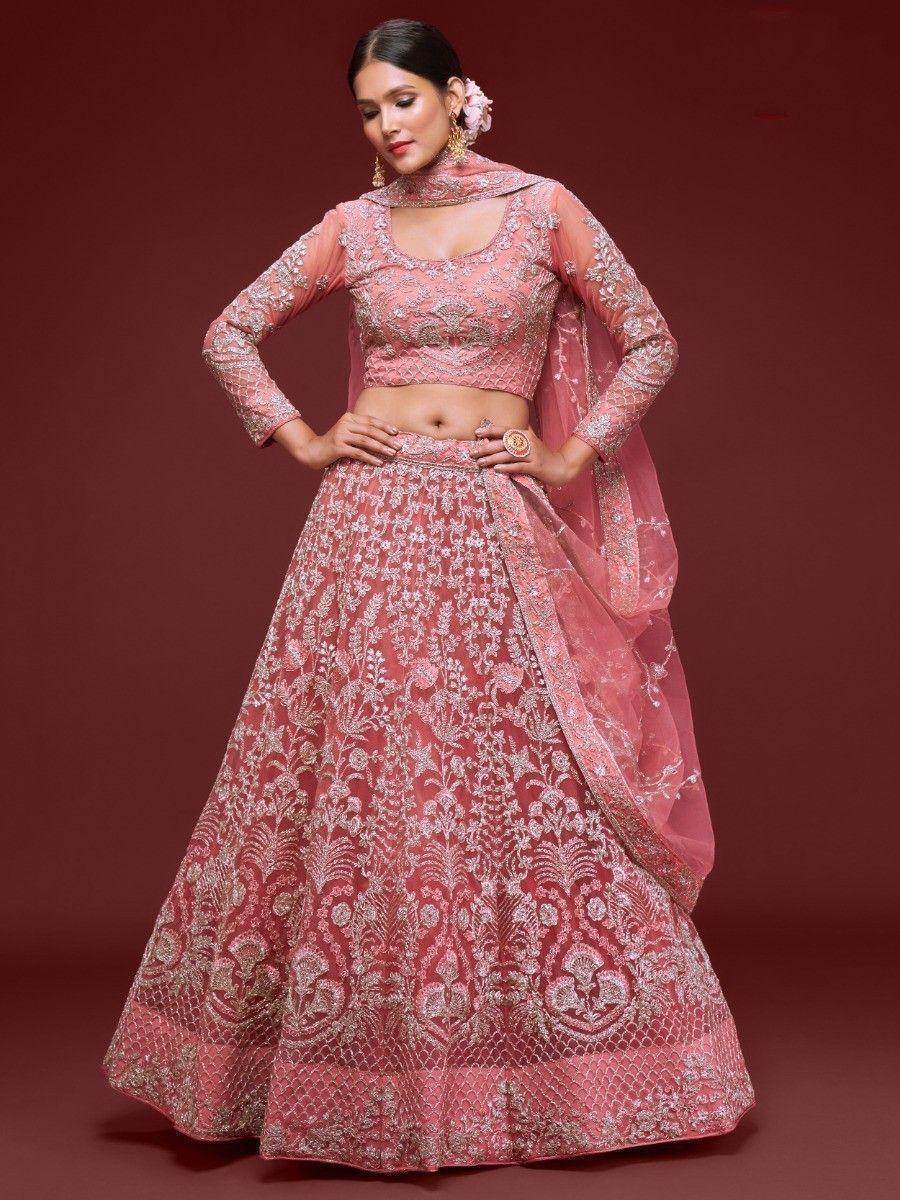 Gorgeous Coral Embroidered Net Wedding Wear Lehenga Choli - Zeel Clothing