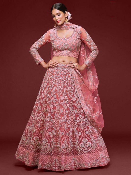 Gorgeous Coral Embroidered Net Wedding Wear Lehenga Choli - Zeel Clothing