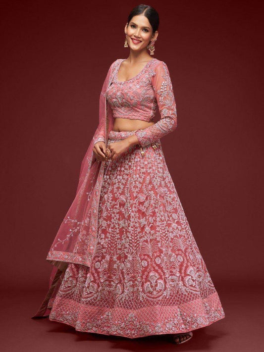 Gorgeous Coral Embroidered Net Wedding Wear Lehenga Choli - Zeel Clothing