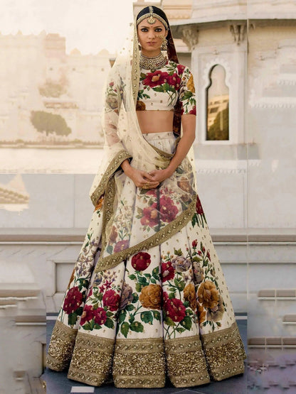 Gorgeous Cream Colored Partywear Designer Embroidered Lehenga Choli - Zeel Clothing