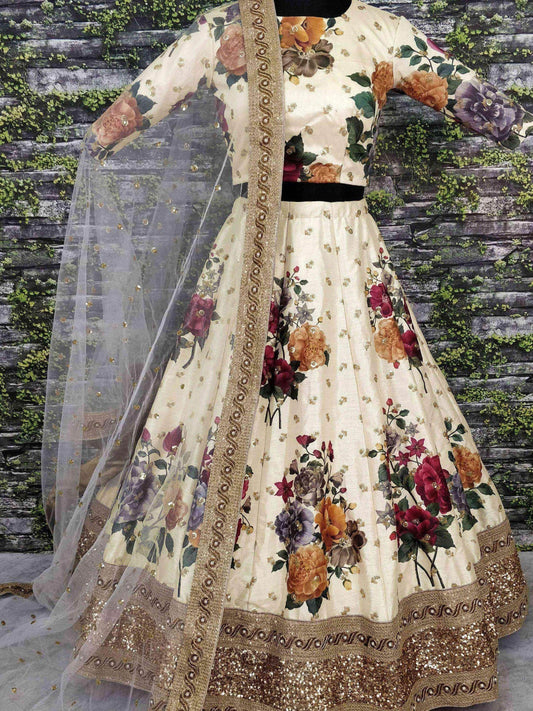 Gorgeous Cream Colored Partywear Designer Embroidered Lehenga Choli - Zeel Clothing