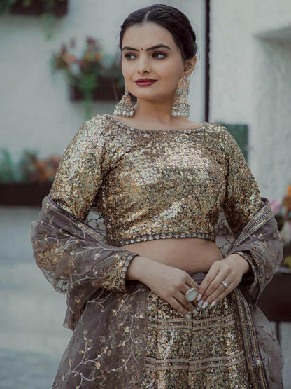 Gorgeous Golden Sequins Georgette Lehenga Choli With Dupatta - Zeel Clothing