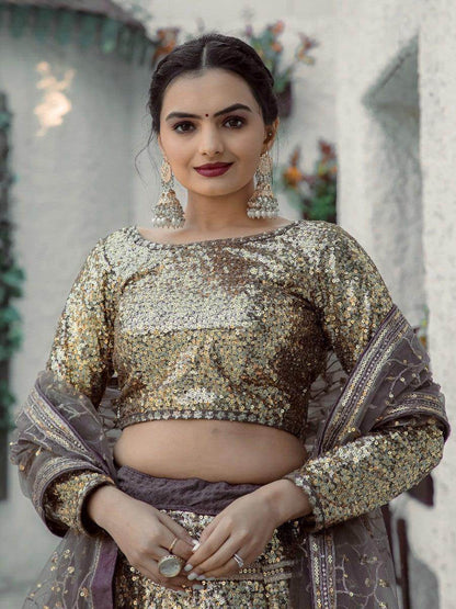 Gorgeous Golden Sequins Georgette Lehenga Choli With Dupatta - Zeel Clothing