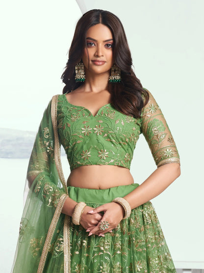 Gorgeous Green Sequins Net Mehendi Wear Lehenga Choli With Dupatta - Zeel Clothing