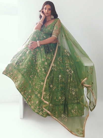 Gorgeous Green Sequins Net Mehendi Wear Lehenga Choli With Dupatta - Zeel Clothing