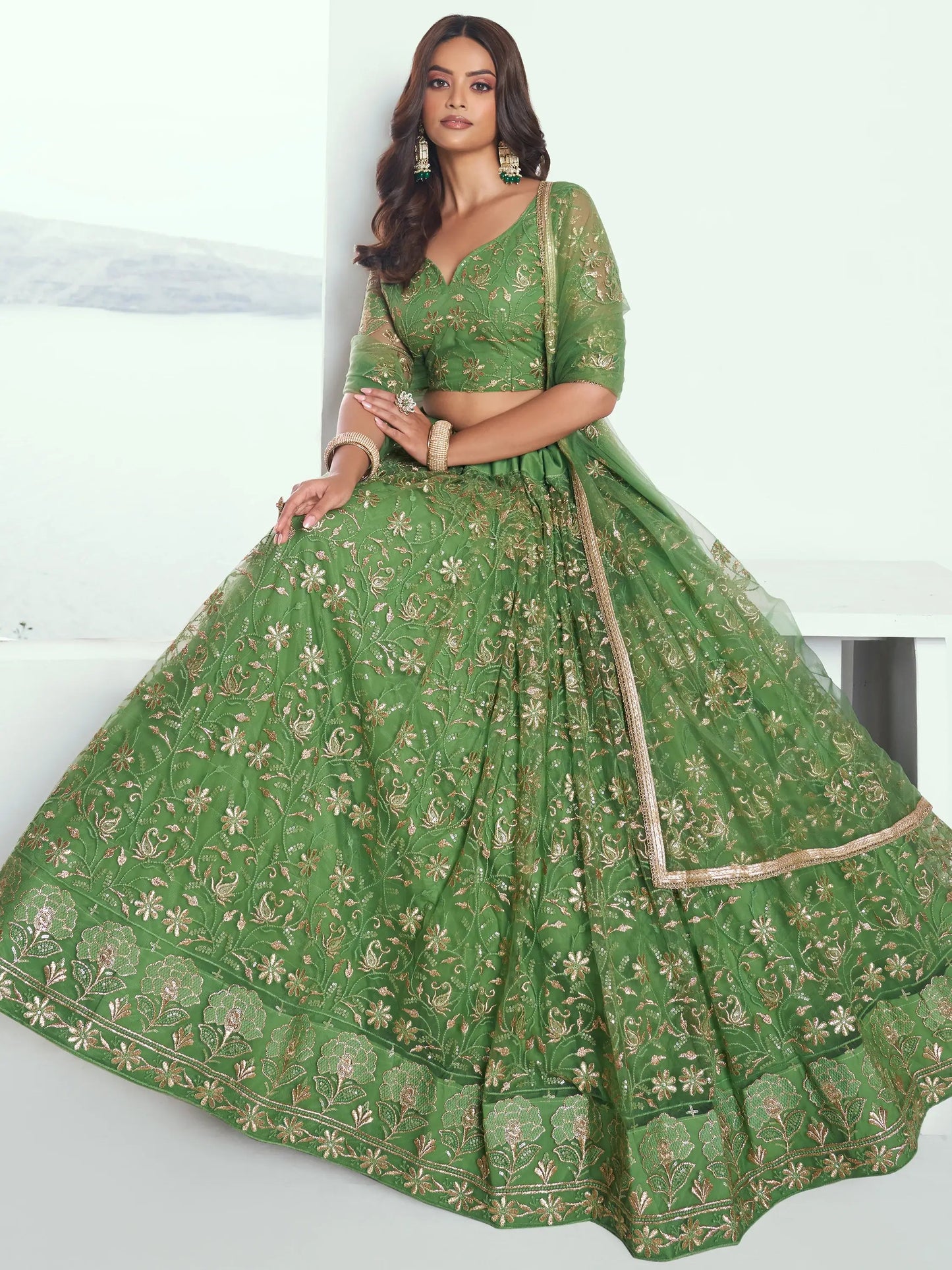 Gorgeous Green Sequins Net Mehendi Wear Lehenga Choli With Dupatta - Zeel Clothing