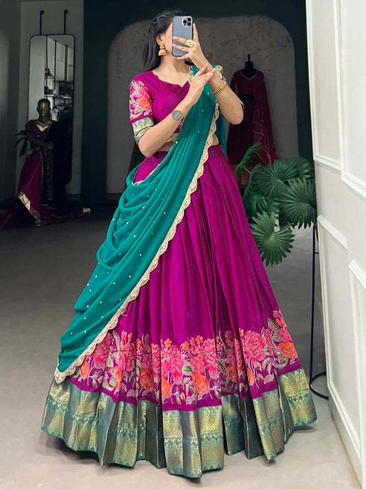 Gorgeous Hot Pink Thread Work Cotton Festive Wear Half Saree Lehenga - Zeel Clothing
