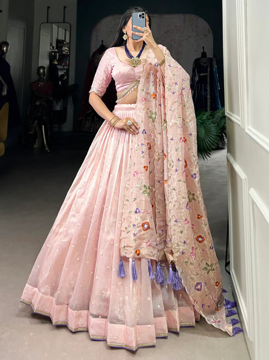 Gorgeous Light Pink Thread Embroidered Crush Silk Wedding Lehenga Choli - Zeel Clothing