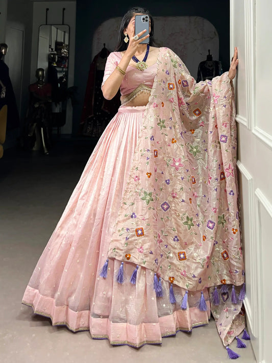 Gorgeous Light Pink Thread Embroidered Crush Silk Wedding Lehenga Choli - Zeel Clothing